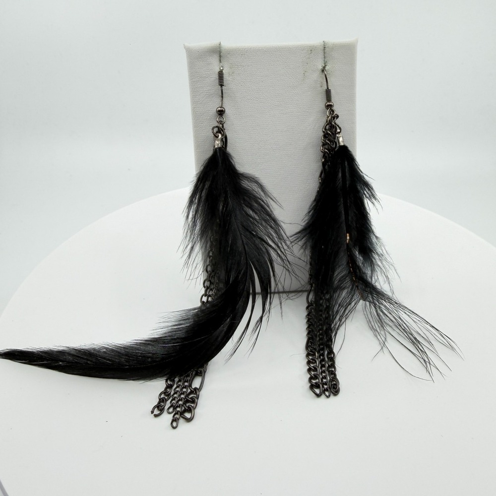 Black Feather Chain Tassel Dangle Earrings Gunmetal Gothic Festival Statement